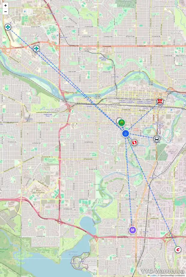 Daily accessibility map for 2109 HOPE ST SW, Calgary showing nearby schools, grocery stores, parks, LRT stations and nearby amenities