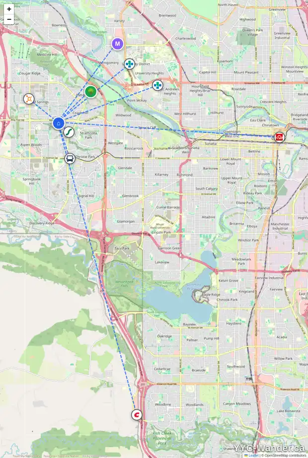 Daily accessibility map for 25 STRATHRIDGE WY SW, Calgary showing nearby schools, grocery stores, parks, LRT stations and nearby amenities