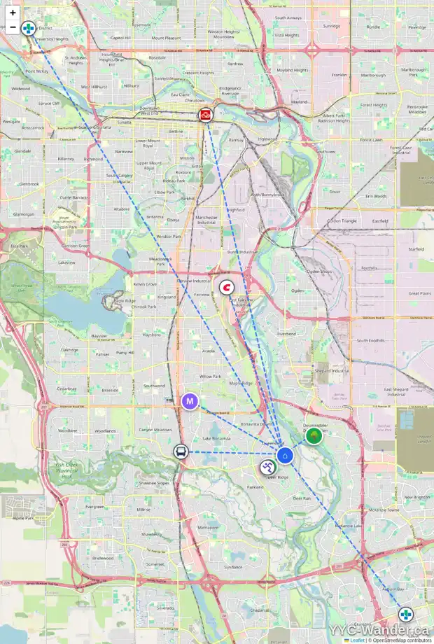 Daily accessibility map for 215 QUEENSTON HT SE, Calgary showing nearby schools, grocery stores, parks, LRT stations and nearby amenities