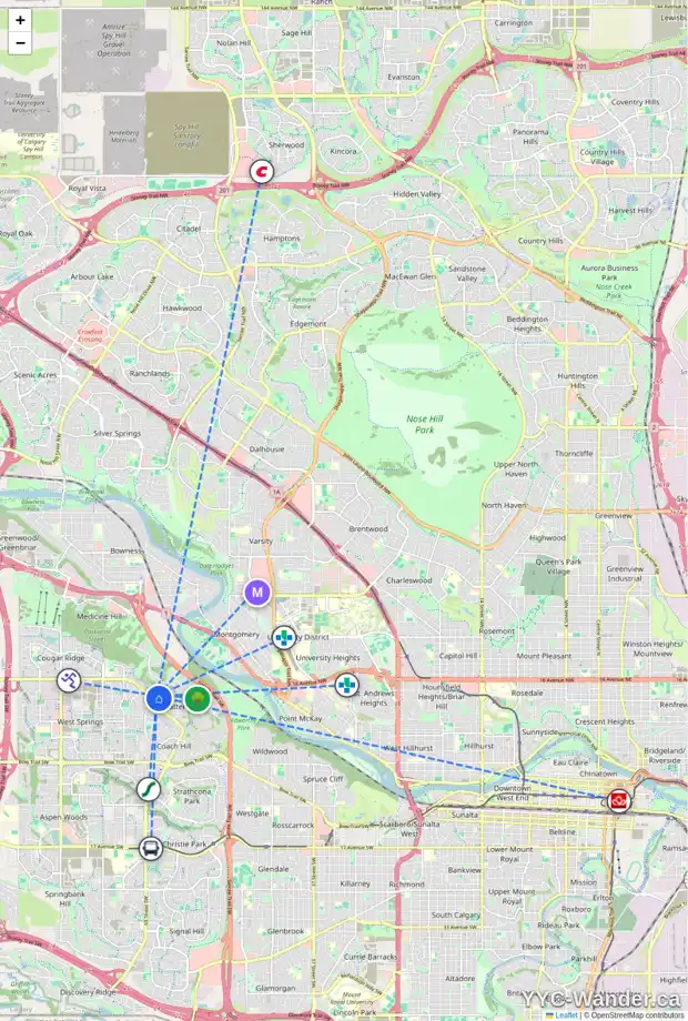Daily accessibility map for 106 PATTERSON VW SW, Calgary showing nearby schools, grocery stores, parks, LRT stations and nearby amenities