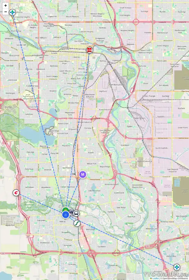 Daily accessibility map for 1095 SHAWNEE RD SW, Calgary showing nearby schools, grocery stores, parks, LRT stations and nearby amenities