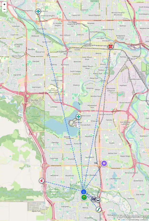 Daily accessibility map for 104 SHAWNEE GD SW, Calgary showing nearby schools, grocery stores, parks, LRT stations and nearby amenities