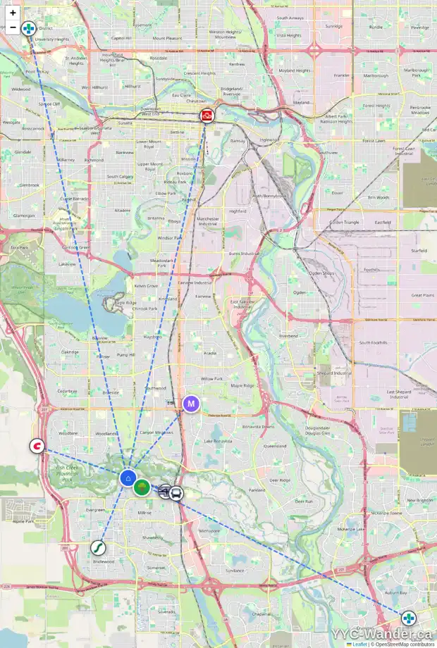 Daily accessibility map for 256 EVERGREEN CO SW, Calgary showing nearby schools, grocery stores, parks, LRT stations and nearby amenities