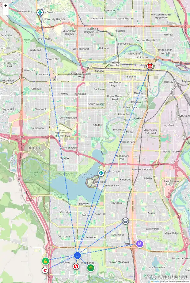 Daily accessibility map for 48 WOODGLEN RI SW, Calgary showing nearby schools, grocery stores, parks, LRT stations and nearby amenities