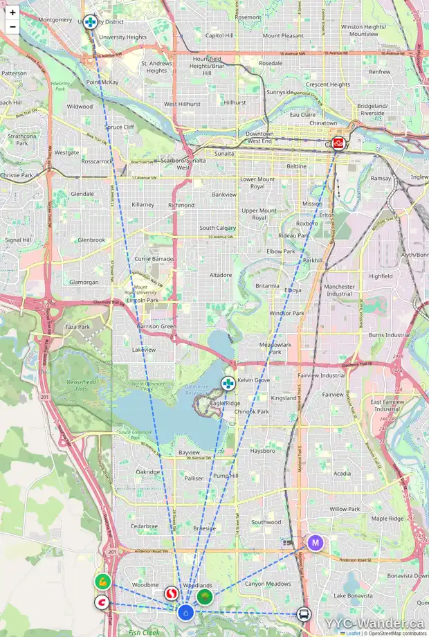 Daily accessibility map for 347 WOODSIDE BA SW, Calgary showing nearby schools, grocery stores, parks, LRT stations and nearby amenities