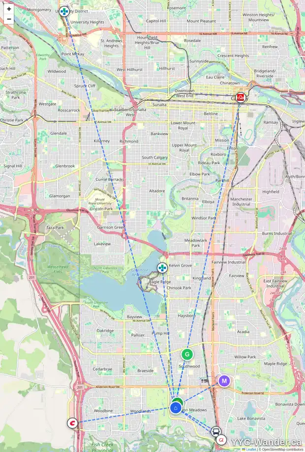 Daily accessibility map for 14 CANOVA RD SW, Calgary showing nearby schools, grocery stores, parks, LRT stations and nearby amenities