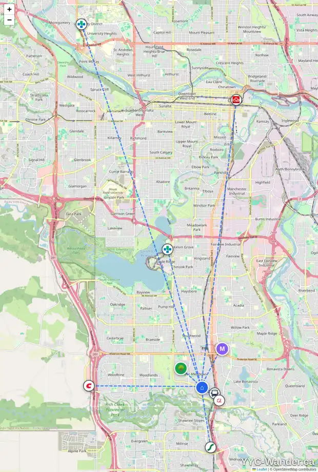 Daily accessibility map for 23 1011 CANTERBURY DR SW, Calgary showing nearby schools, grocery stores, parks, LRT stations and nearby amenities