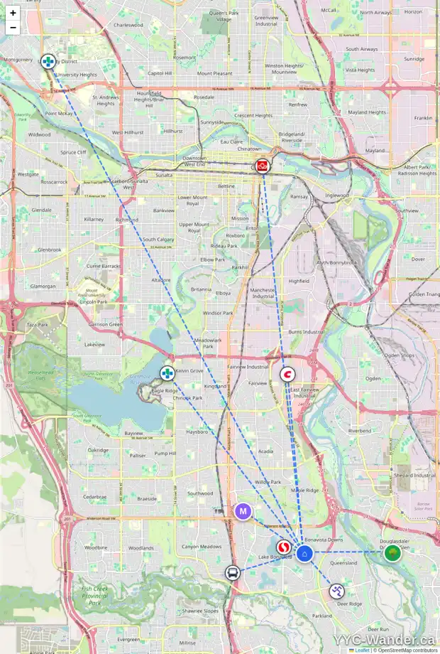 Daily accessibility map for 12412 LAKE CHRISTINA RD SE, Calgary showing nearby schools, grocery stores, parks, LRT stations and nearby amenities