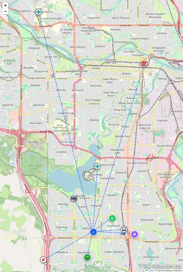 Daily accessibility map for 1824 111 AV SW, Calgary showing nearby schools, grocery stores, parks, LRT stations and nearby amenities