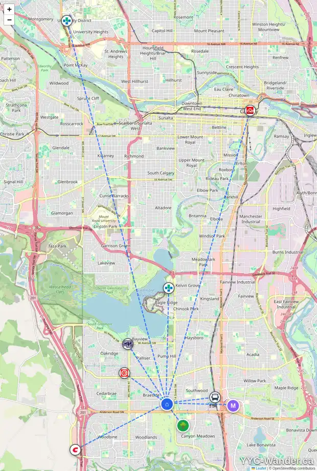Daily accessibility map for 11256 BRANIFF GR SW, Calgary showing nearby schools, grocery stores, parks, LRT stations and nearby amenities