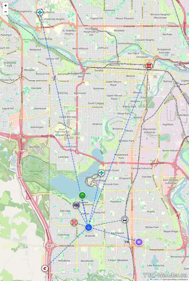 Daily accessibility map for 322 10120 BROOKPARK BV SW, Calgary showing nearby schools, grocery stores, parks, LRT stations and nearby amenities