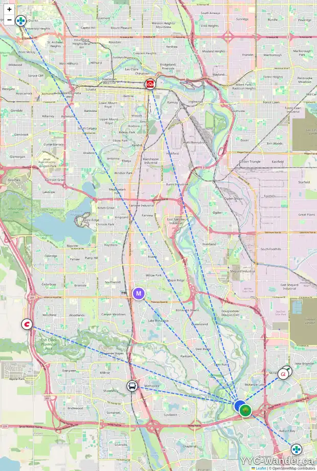 Daily accessibility map for 30 MT YAMNUSKA CO SE, Calgary showing nearby schools, grocery stores, parks, LRT stations and nearby amenities
