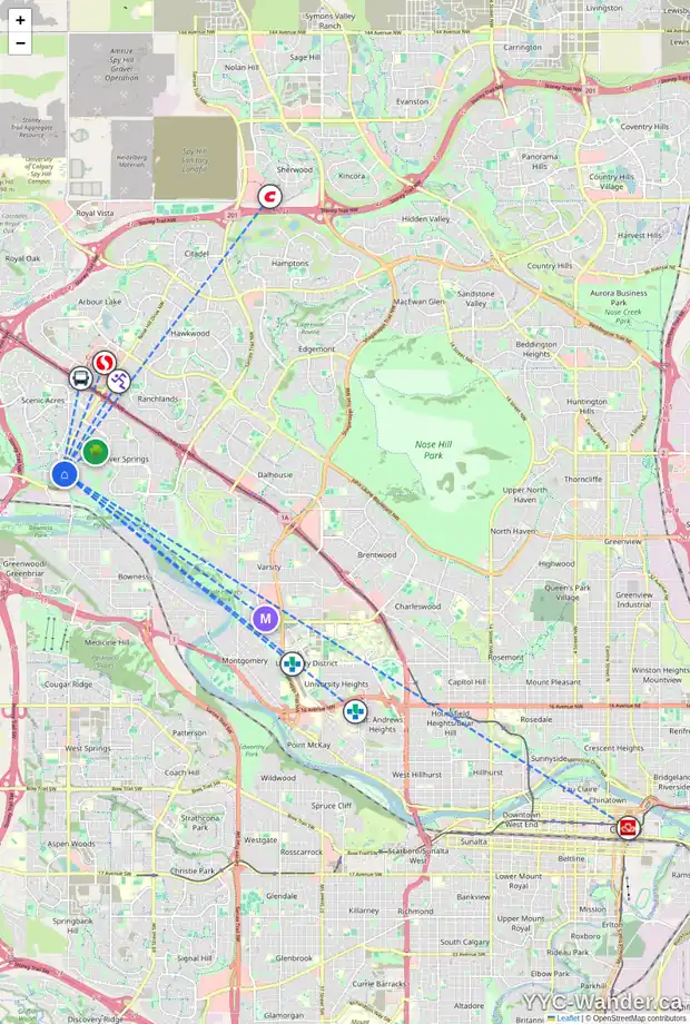 Daily accessibility map for 648 SCIMITAR BA NW, Calgary showing nearby schools, grocery stores, parks, LRT stations and nearby amenities