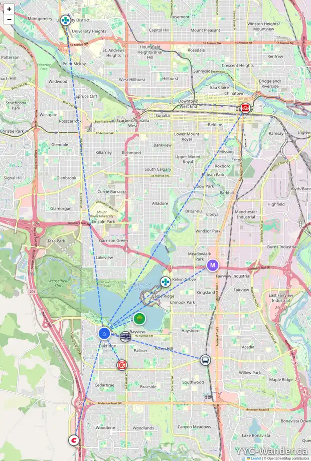 Daily accessibility map for 119 OAKSIDE CL SW, Calgary showing nearby schools, grocery stores, parks, LRT stations and nearby amenities