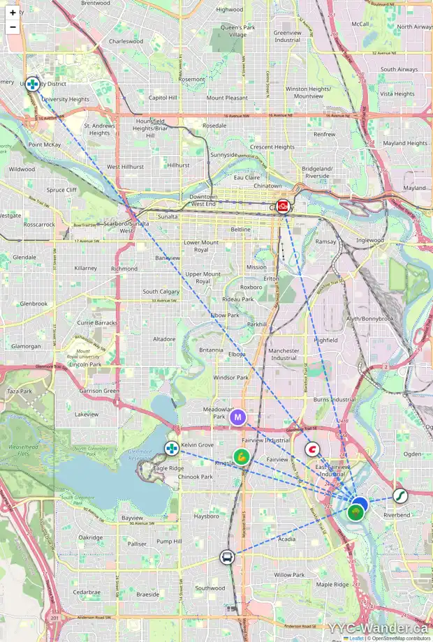 Daily accessibility map for 111 RIVERSIDE CL SE, Calgary showing nearby schools, grocery stores, parks, LRT stations and nearby amenities