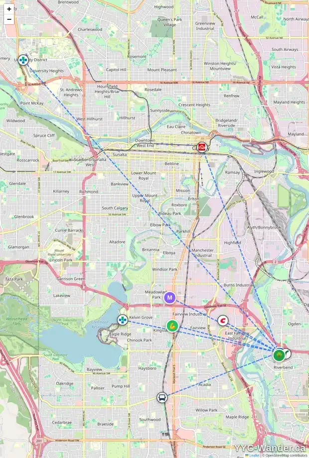 Daily accessibility map for 20 RIVERBIRCH PL SE, Calgary showing nearby schools, grocery stores, parks, LRT stations and nearby amenities