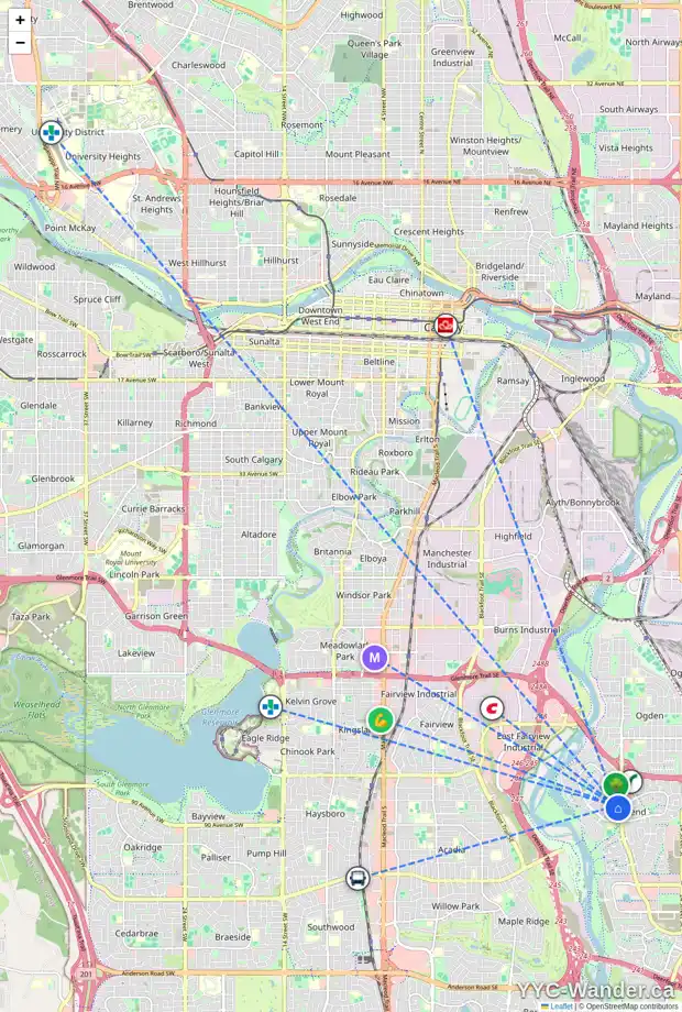 Daily accessibility map for 32 RIVERVALLEY CR SE, Calgary showing nearby schools, grocery stores, parks, LRT stations and nearby amenities