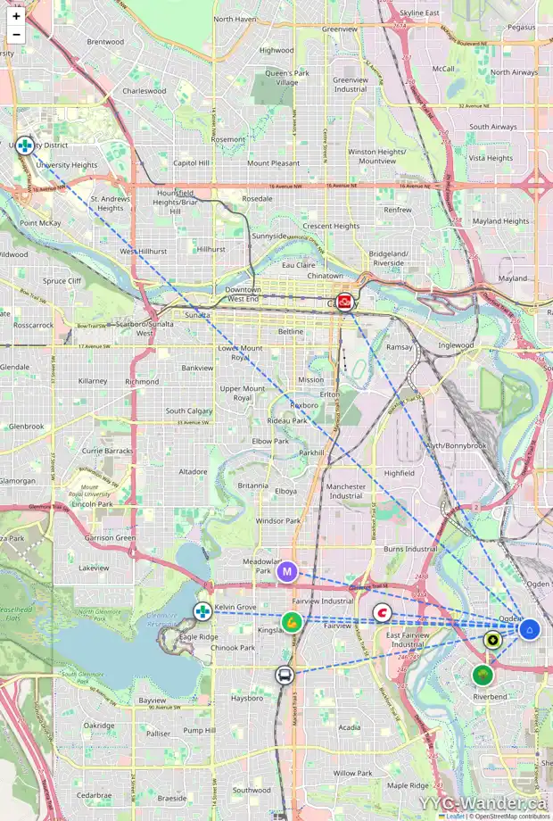 Daily accessibility map for 7402 22A ST SE, Calgary showing nearby schools, grocery stores, parks, LRT stations and nearby amenities