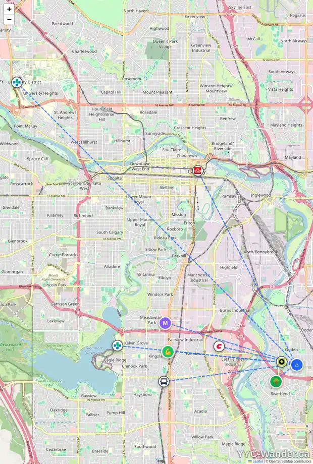 Daily accessibility map for 7636 21A ST SE, Calgary showing nearby schools, grocery stores, parks, LRT stations and nearby amenities