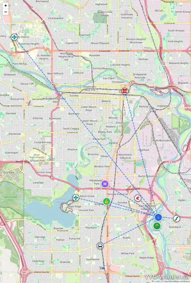 Daily accessibility map for 140 RIVERSIDE CI SE, Calgary showing nearby schools, grocery stores, parks, LRT stations and nearby amenities