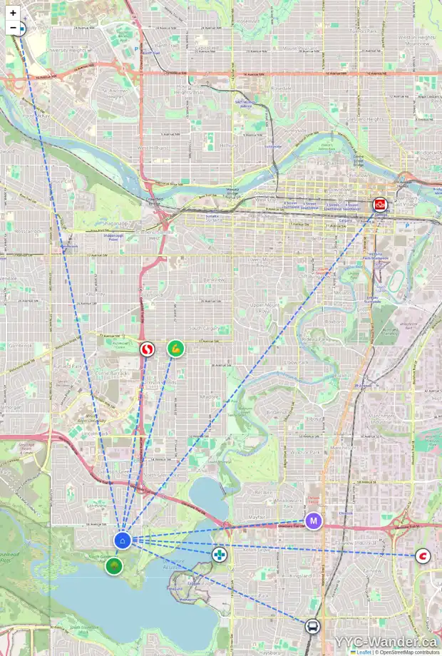 Daily accessibility map for 6906 LOWES CO SW, Calgary showing nearby schools, grocery stores, parks, LRT stations and nearby amenities