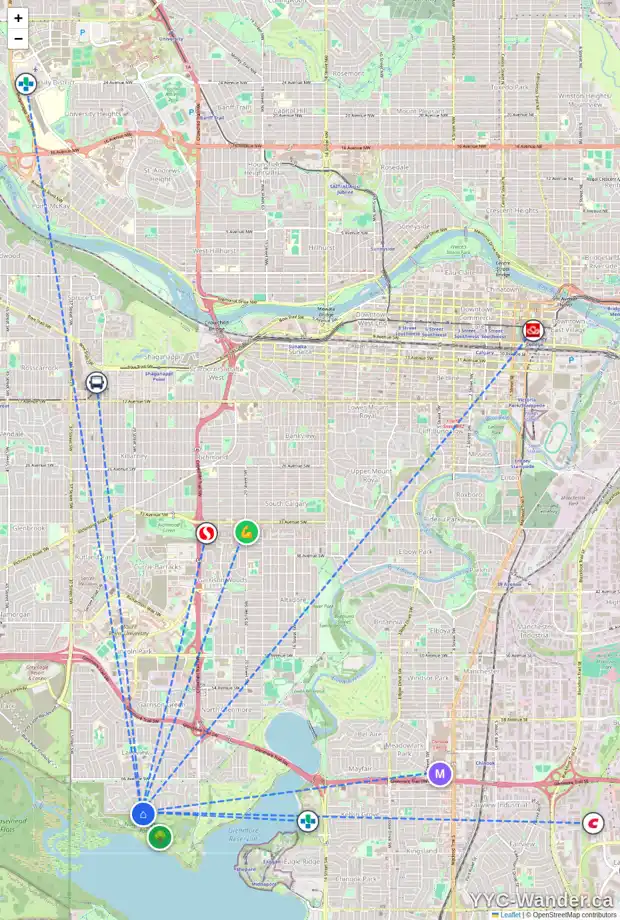 Daily accessibility map for 3031 LINDEN DR SW, Calgary showing nearby schools, grocery stores, parks, LRT stations and nearby amenities