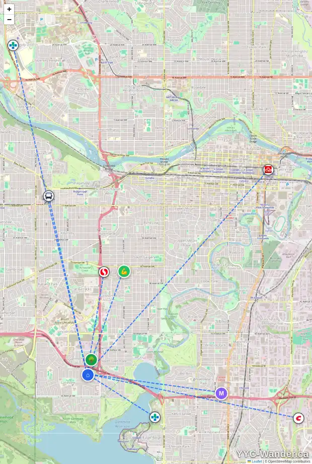 Daily accessibility map for 6212 LOUISE RD SW, Calgary showing nearby schools, grocery stores, parks, LRT stations and nearby amenities
