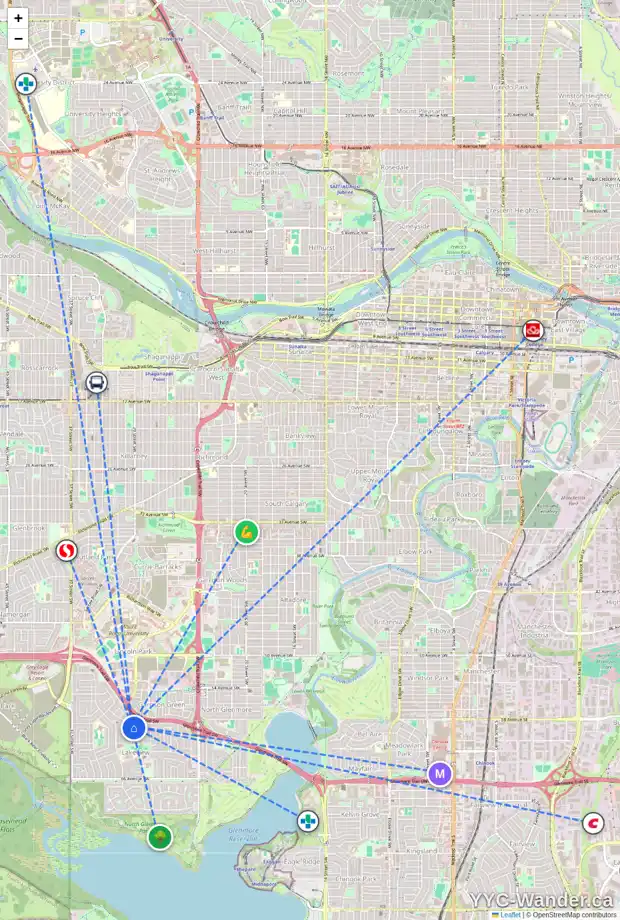 Daily accessibility map for 3422 LANE CR SW, Calgary showing nearby schools, grocery stores, parks, LRT stations and nearby amenities