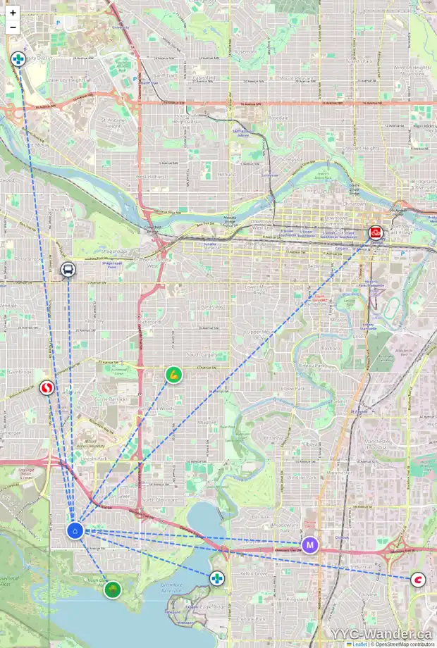 Daily accessibility map for 6220 LEWIS DR SW, Calgary showing nearby schools, grocery stores, parks, LRT stations and nearby amenities
