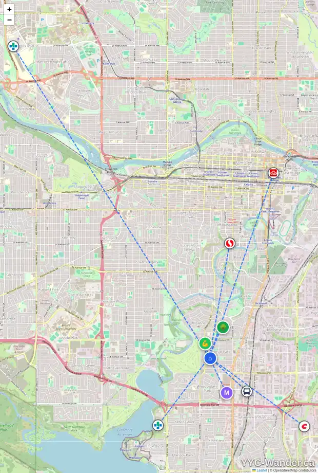 Daily accessibility map for 715 54 AV SW, Calgary showing nearby schools, grocery stores, parks, LRT stations and nearby amenities