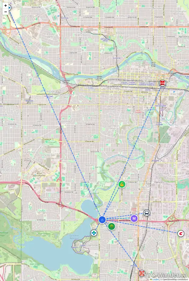 Daily accessibility map for 103 MASSEY PL SW, Calgary showing nearby schools, grocery stores, parks, LRT stations and nearby amenities