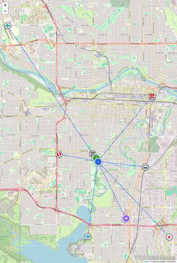 Daily accessibility map for 1221 SIFTON BV SW, Calgary showing nearby schools, grocery stores, parks, LRT stations and nearby amenities