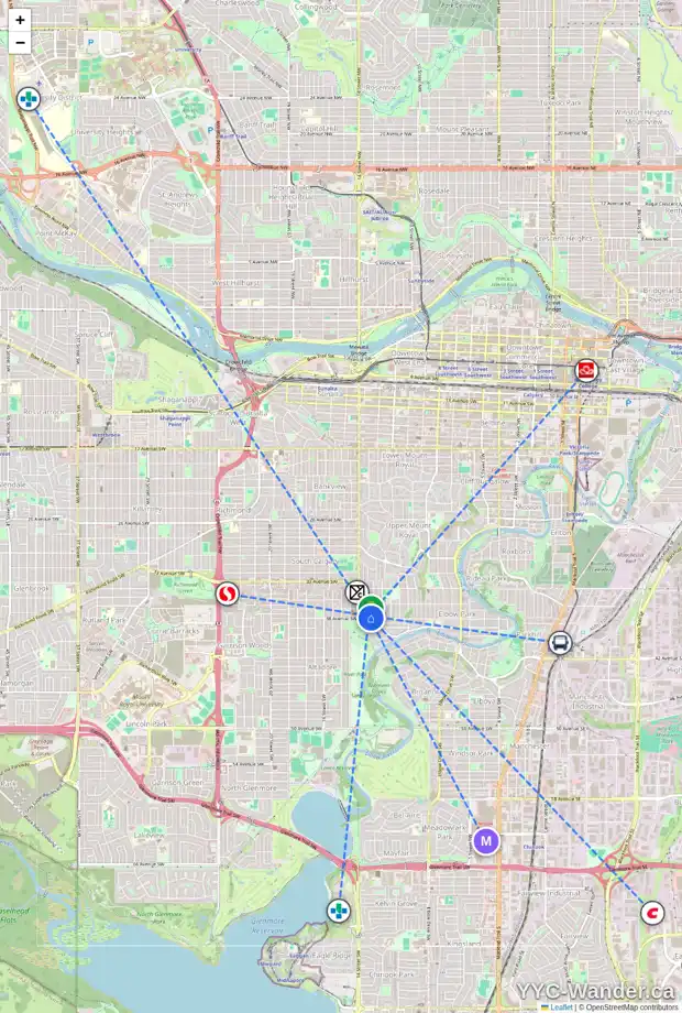 Daily accessibility map for 1312 38 AV SW, Calgary showing nearby schools, grocery stores, parks, LRT stations and nearby amenities