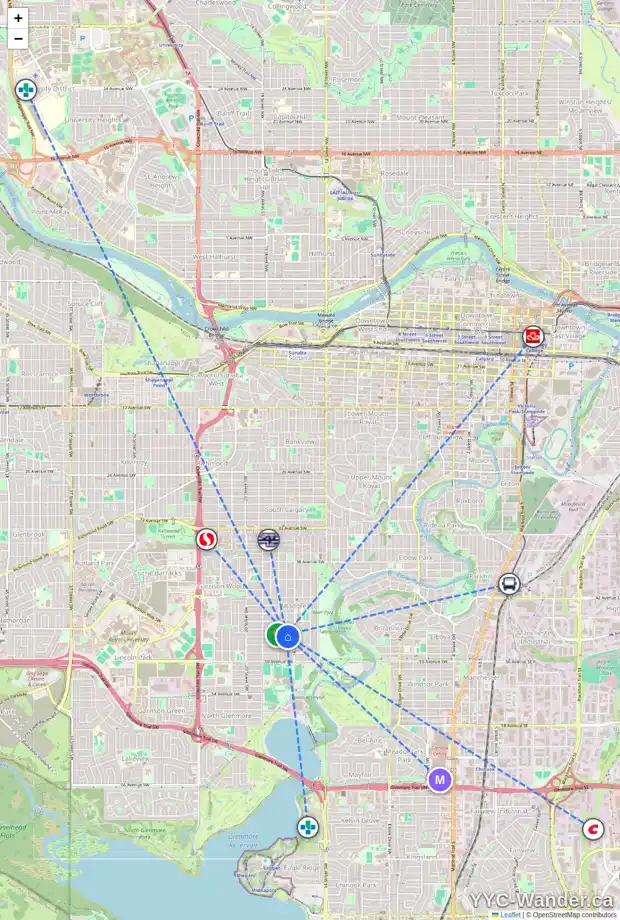 Daily accessibility map for 1726 47 AV SW, Calgary showing nearby schools, grocery stores, parks, LRT stations and nearby amenities