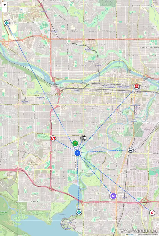 Daily accessibility map for 4223 15A ST SW, Calgary showing nearby schools, grocery stores, parks, LRT stations and nearby amenities