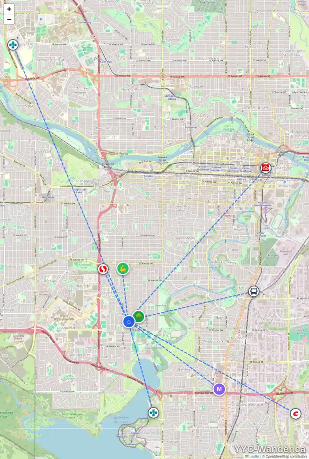 Daily accessibility map for 2020 48 AV SW, Calgary showing nearby schools, grocery stores, parks, LRT stations and nearby amenities
