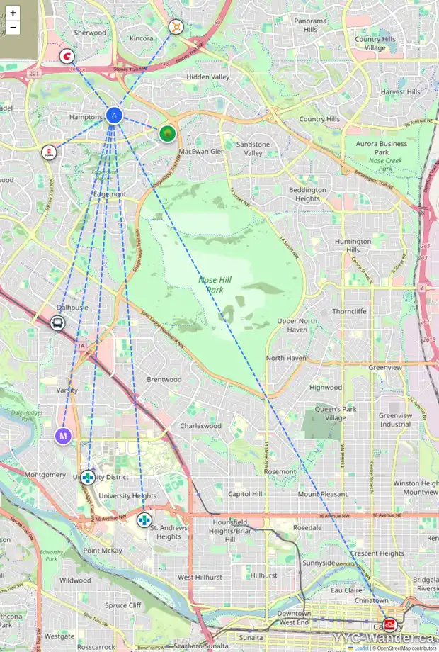 Daily accessibility map for 135 HAMPTONS LI NW, Calgary showing nearby schools, grocery stores, parks, LRT stations and nearby amenities