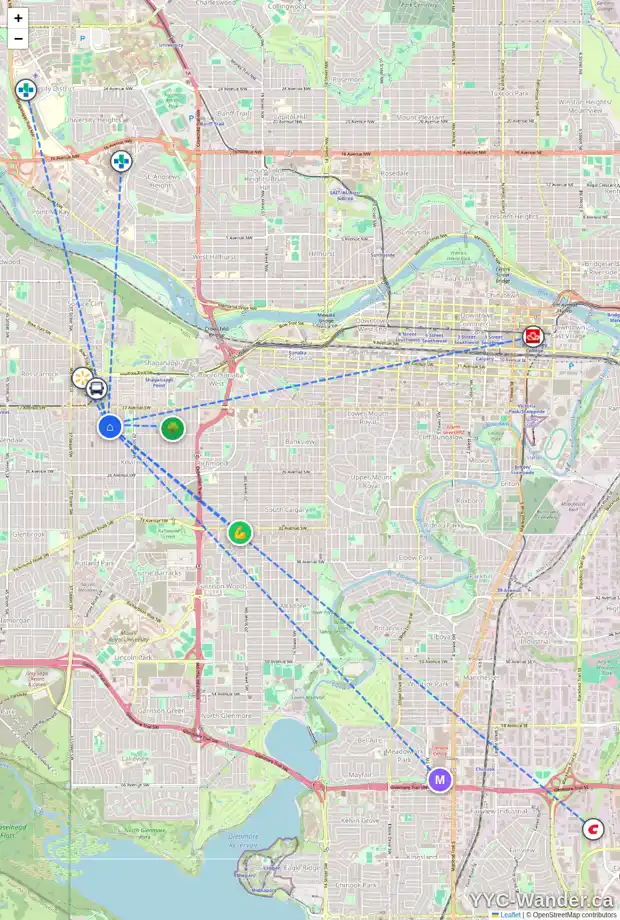 Daily accessibility map for 2009 32 ST SW, Calgary showing nearby schools, grocery stores, parks, LRT stations and nearby amenities