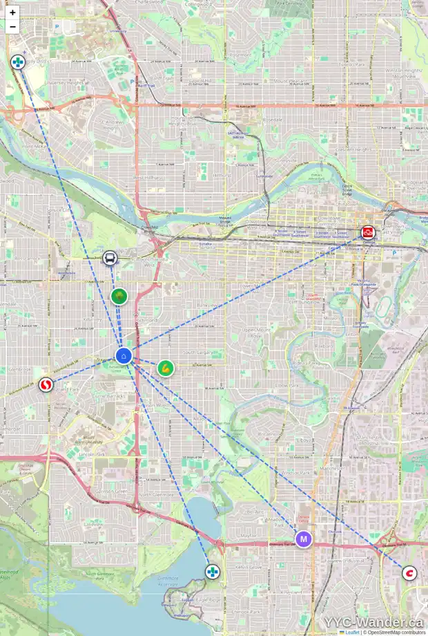 Daily accessibility map for 3228 25A ST SW, Calgary showing nearby schools, grocery stores, parks, LRT stations and nearby amenities