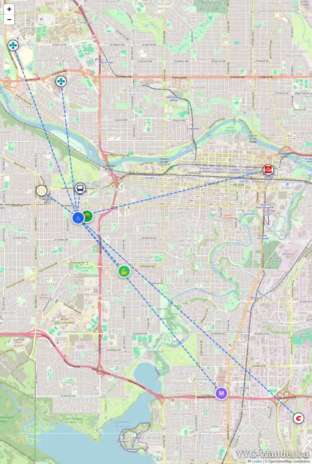 Daily accessibility map for 2030 27 ST SW, Calgary showing nearby schools, grocery stores, parks, LRT stations and nearby amenities