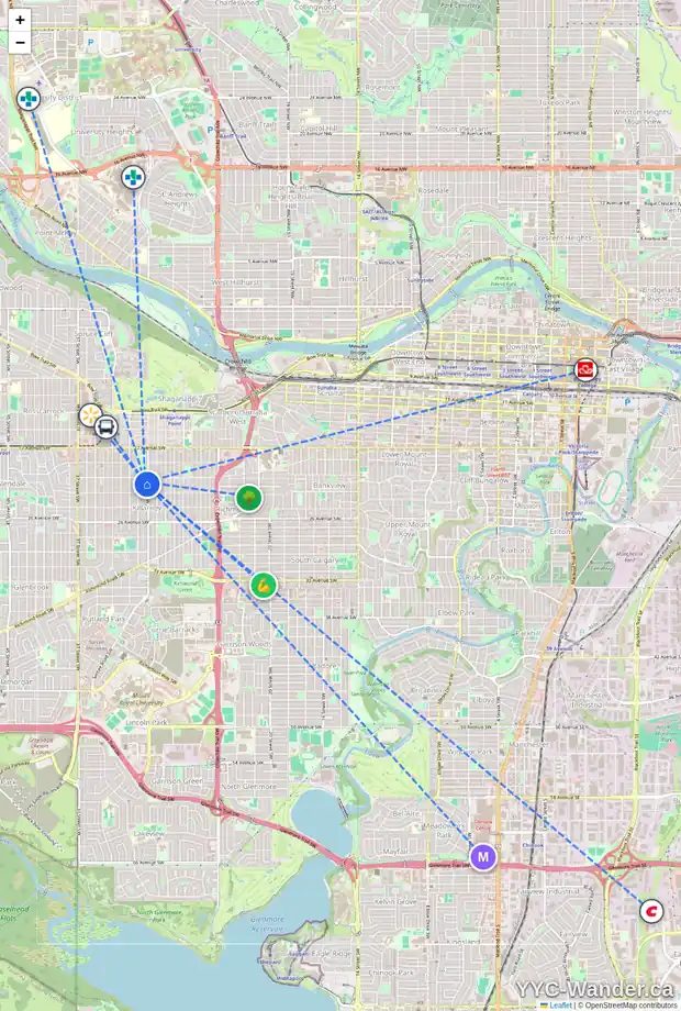 Daily accessibility map for 217 2211 29 ST SW, Calgary showing nearby schools, grocery stores, parks, LRT stations and nearby amenities
