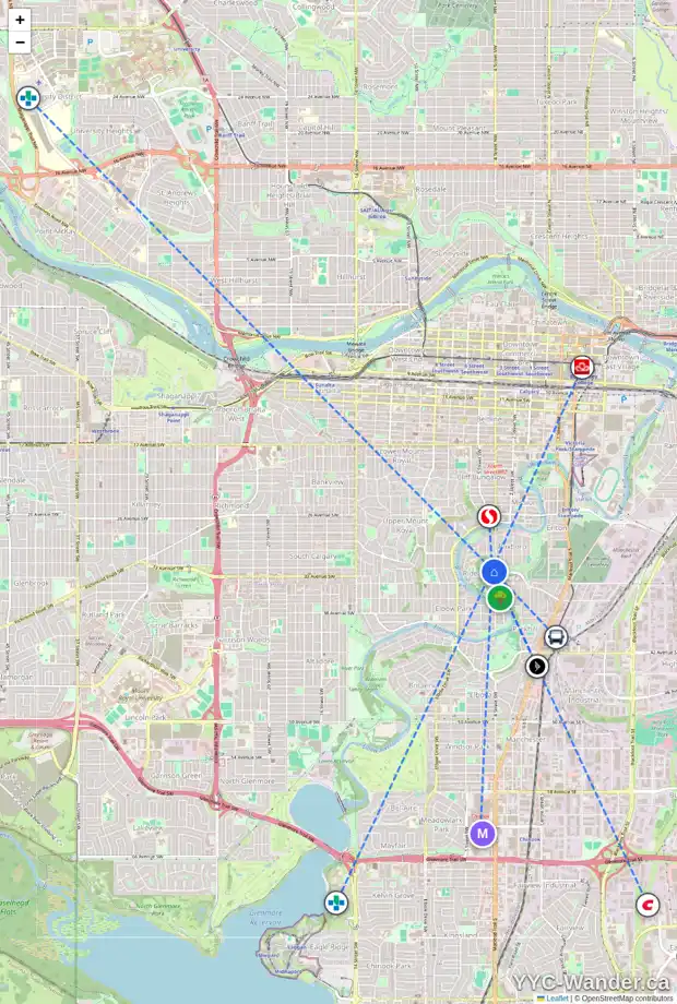 Daily accessibility map for 708 3232 RIDEAU PL SW, Calgary showing nearby schools, grocery stores, parks, LRT stations and nearby amenities