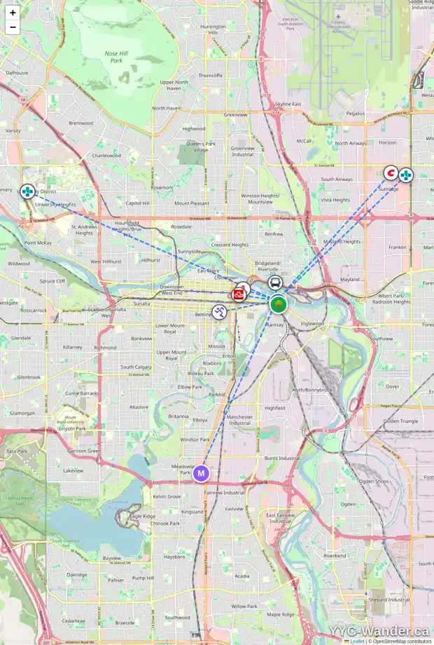Daily accessibility map for 904 8 AV SE, Calgary showing nearby schools, grocery stores, parks, LRT stations and nearby amenities