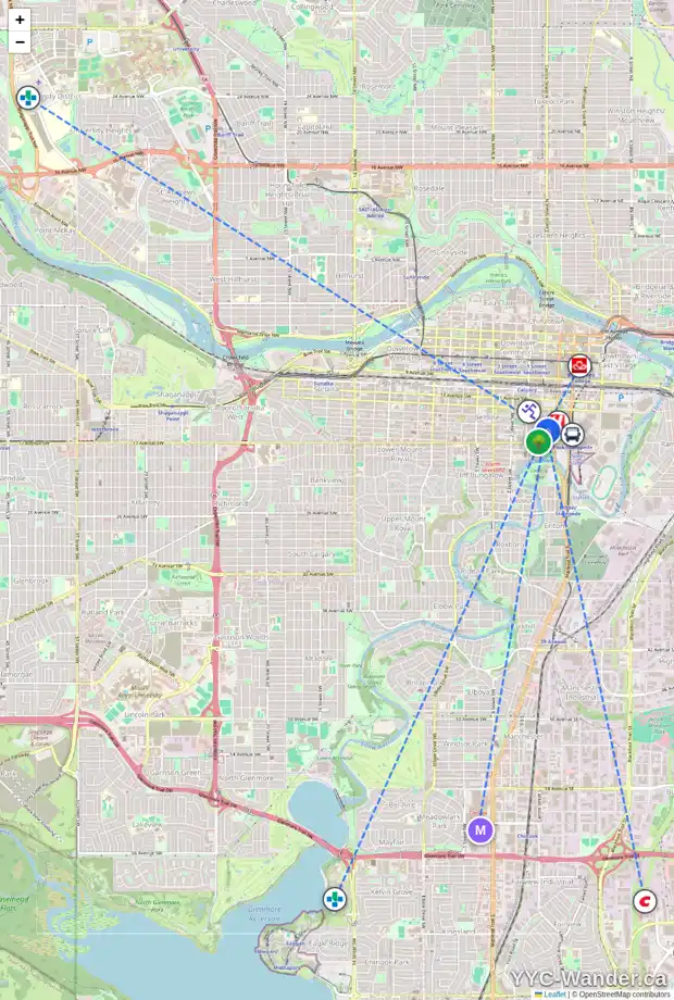 Daily accessibility map for 103 111 14 AV SE, Calgary showing nearby schools, grocery stores, parks, LRT stations and nearby amenities