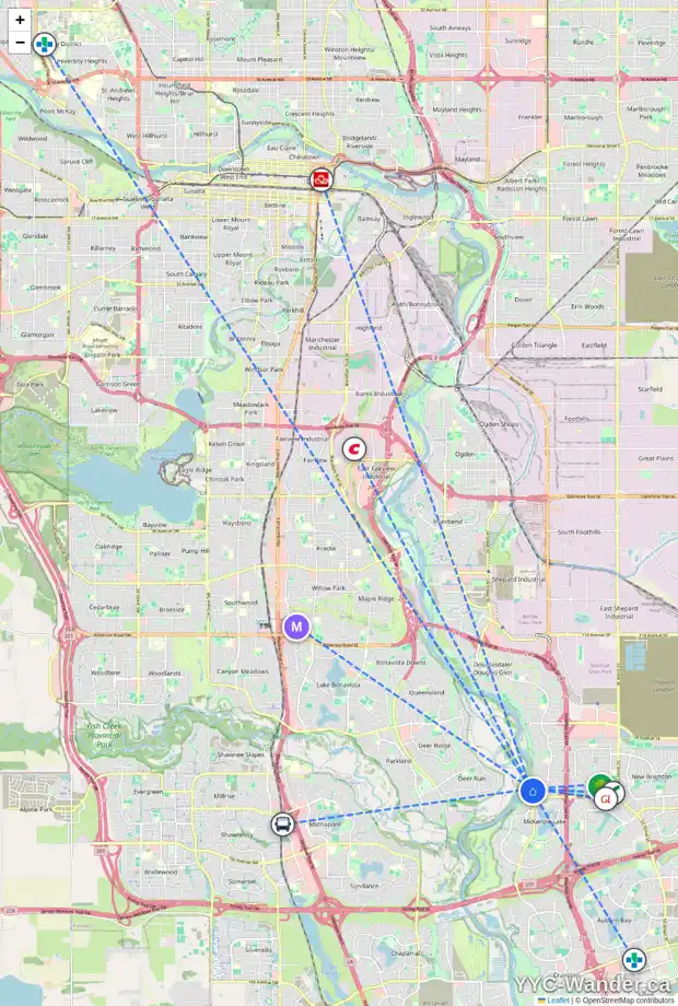 Daily accessibility map for 20 MT ALBERTA CO SE, Calgary showing nearby schools, grocery stores, parks, LRT stations and nearby amenities