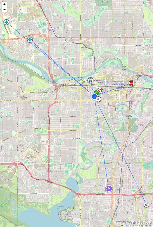 Daily accessibility map for 203 1001 14 AV SW, Calgary showing nearby schools, grocery stores, parks, LRT stations and nearby amenities