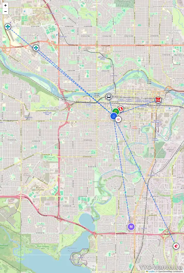 Daily accessibility map for 601 1001 14 AV SW, Calgary showing nearby schools, grocery stores, parks, LRT stations and nearby amenities