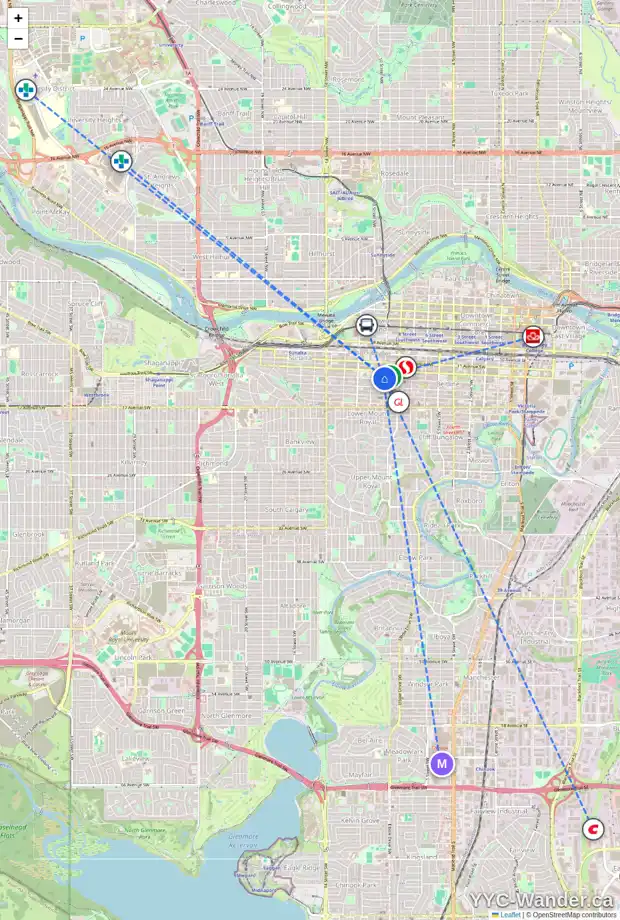 Daily accessibility map for 1217 9 ST SW, Calgary showing nearby schools, grocery stores, parks, LRT stations and nearby amenities