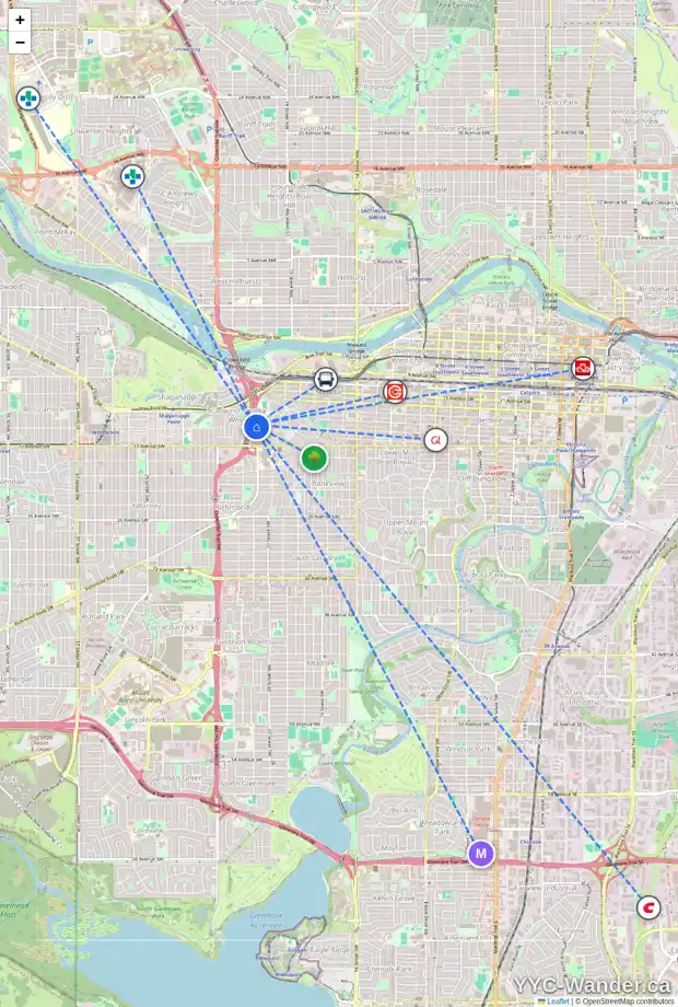 Daily accessibility map for 1421 SUMMIT ST SW, Calgary showing nearby schools, grocery stores, parks, LRT stations and nearby amenities