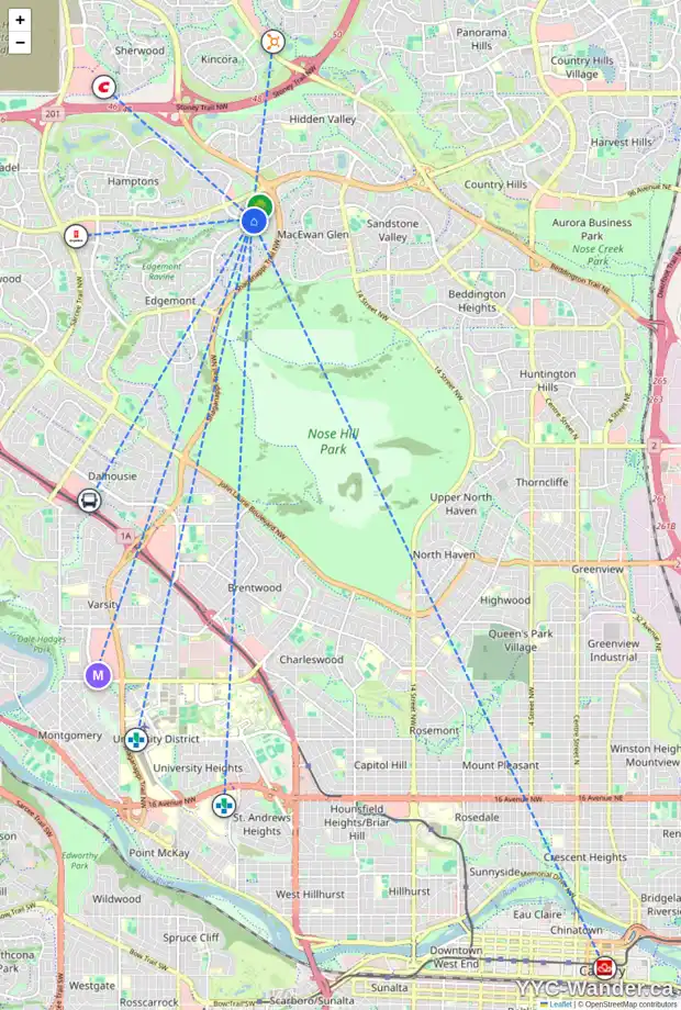 Daily accessibility map for 36 EDGEBROOK PA NW, Calgary showing nearby schools, grocery stores, parks, LRT stations and nearby amenities